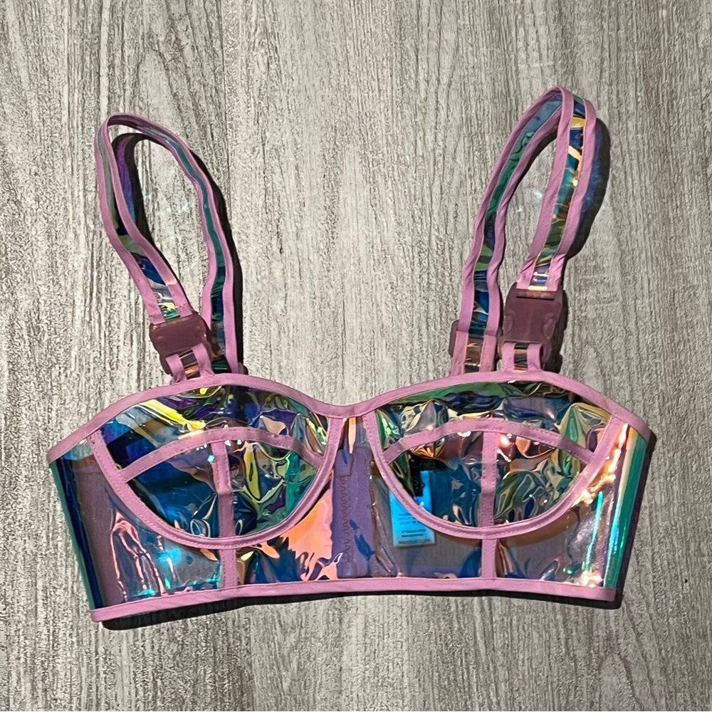 Dolls Kill Iridescent Holographic Pink Trim Bustier Bra